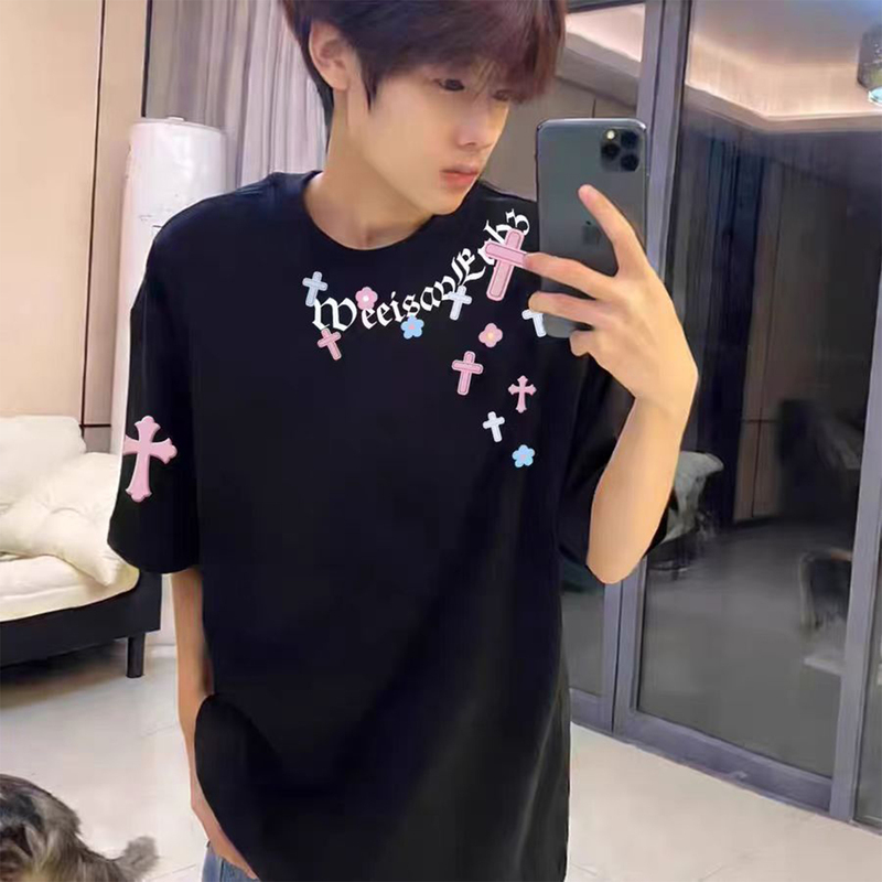 American-Style National Trend Cross Graffiti Heavy Cotton Short-Sleeve T-Shirt for Men, New Summer High Street Fashion for Teenagers