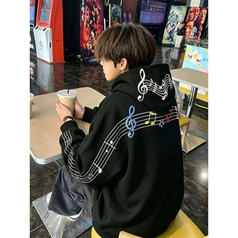 American High Street Style Colorful Musical Note Embroidered Hooded Sweatshirt for Men, Autumn and Winter, Loose Design Hoodie for Teenagers, Trendy Top American High Street Style Colorful Musical Note Embroidered Hooded Sweatshirt for Men, Autumn and Winter, Loose Design Hoodie for Teenagers, Trendy Top