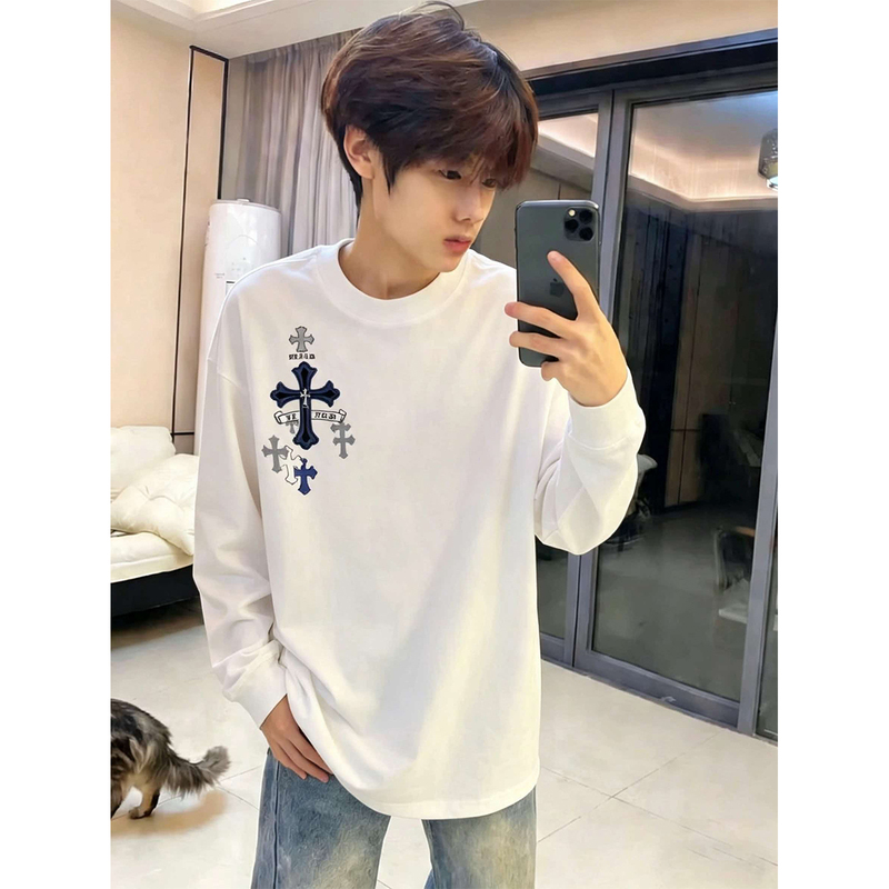 American High Street Style Cross Print Pure Cotton Long-Sleeve T-Shirt for Men 2026 Spring and Autumn Youth Base Layer Top