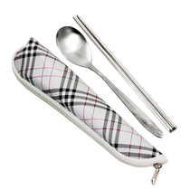 Stainless steel chopsticks spoon set portable cutlery Wheat cutlery Student creative cute cutlery Washed cloth bag