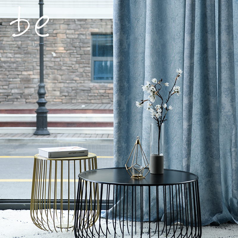 Silk easy blue curtain Nordic simple light luxury fresh American jacquard living room bedroom villa curtain cloth Taurus