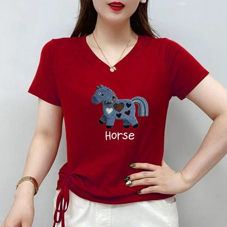 Side Drawstring Short-Sleeve T-Shirt for Women 2026 New Summer Wine Red Half-Sleeve Zodiac Year Horse Year Clothing to Cover Belly for Square Dancing