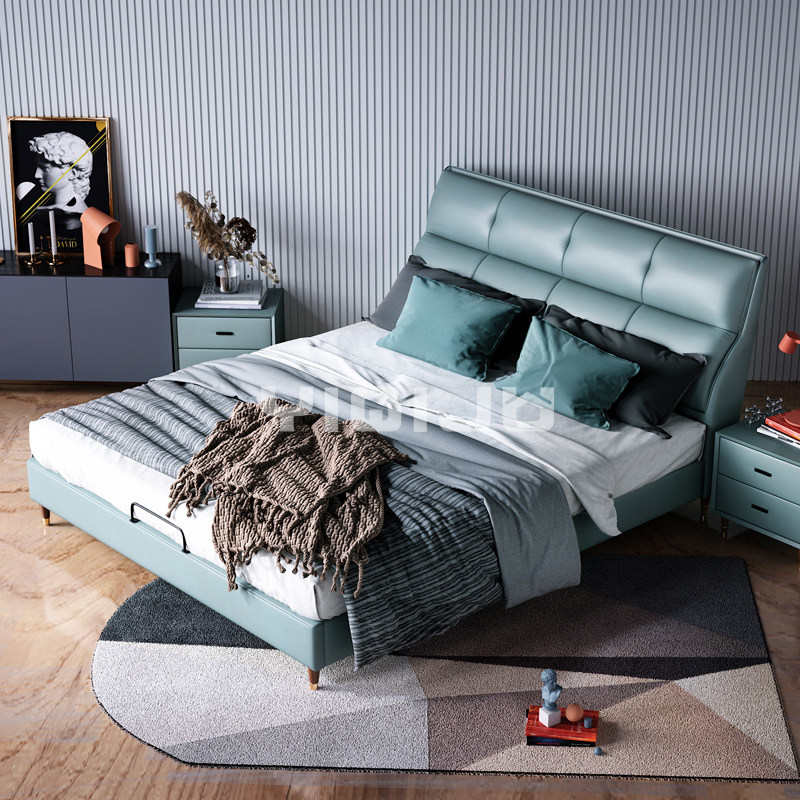 Modern minimalist in small household type leather art Double beds Provincial space accommodating bed genuine leather Soft bed master bedroom Qi edge leather bed