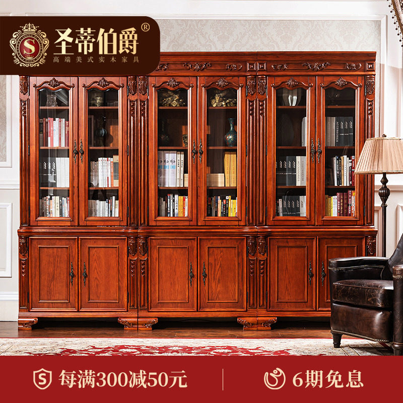 Luxurious European-style desk bookcase combination corner solid wood bookcase with door carved American red oak wood book house furniture