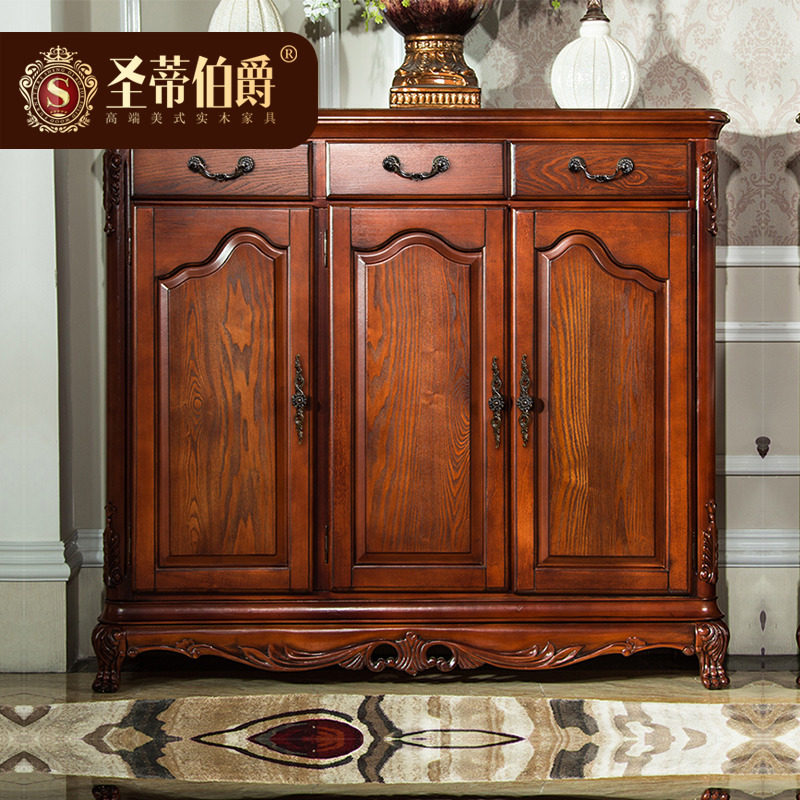 American solid wood shoe cabinet Xuanguan cabinet retro three door lobby cabinet Ou-style living-room Double door Entrance into the family door Shoe cabinet
