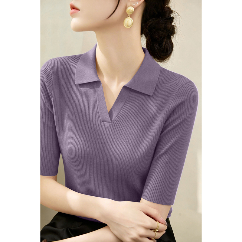 Gentle Style Purple Polo Collar Short-Sleeved Knitwear for Women 2026 Summer New Slim Fit Slimming Lapel Sweater Top