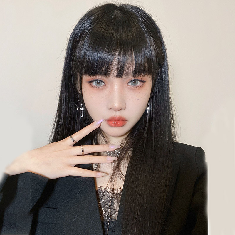 Wig female long hair comic bangs black long straight natural full head cover net red Qi bangs simulation hair wig set summer