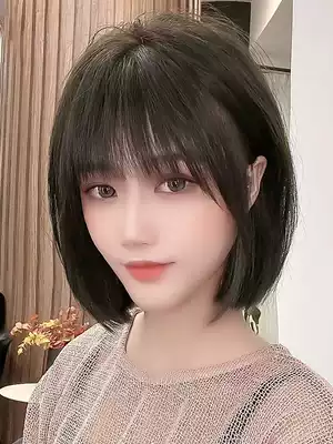 Wig women's summer short hair shape natural girl full head set real hair screen Red fashion wave head round face