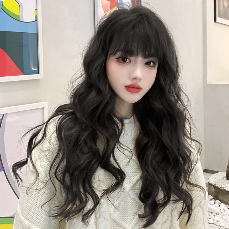 Wig woman long hair big wave long curly hair natural full head cover type net red air bangs wool roll fluffy hair set