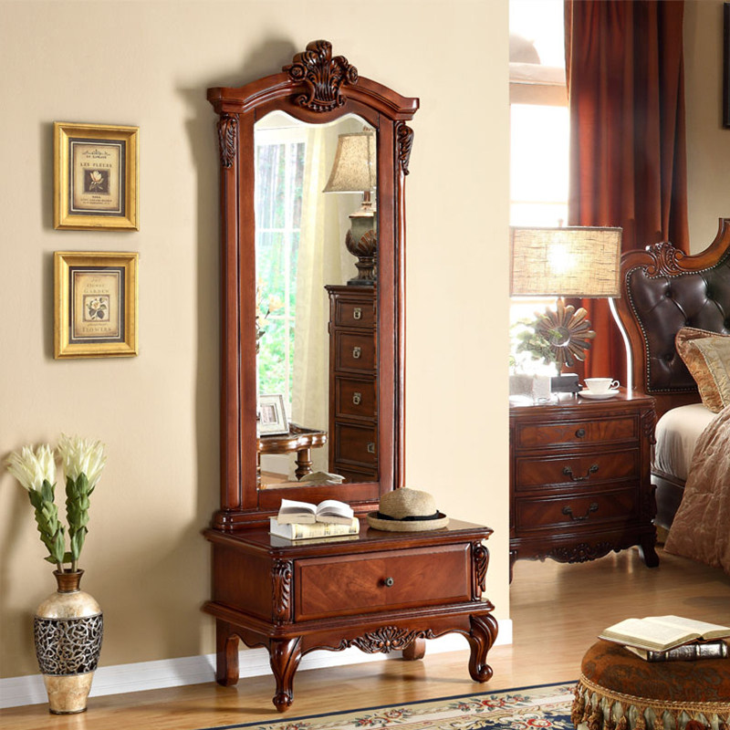 American solid wood dressing mirror full-body mirror bedroom makeup coat mirror rotating household European style fitting mirror floor mirror