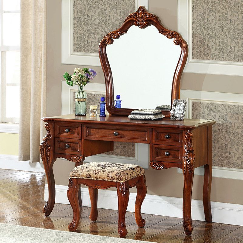 American solid wood dressing table mirror bedroom dressing table small apartment European retro carved dressing table makeup chair combination