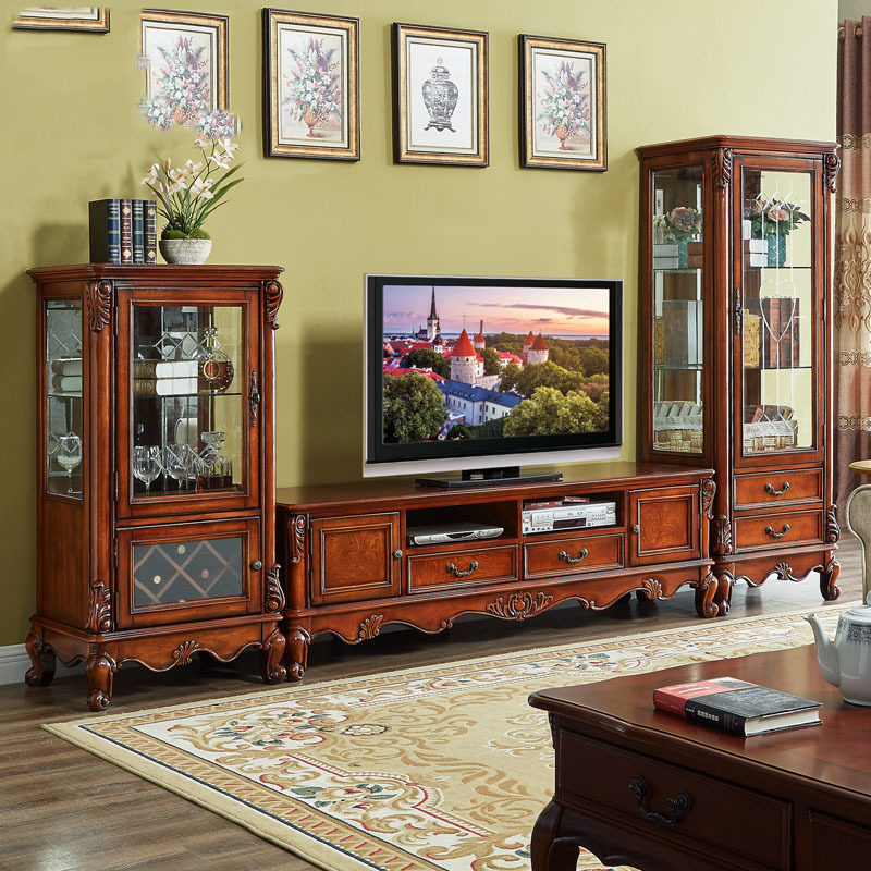 American Solid Wood TV Cabinet Living Room Glass Display Cabinet small European Wine Cabinet combination