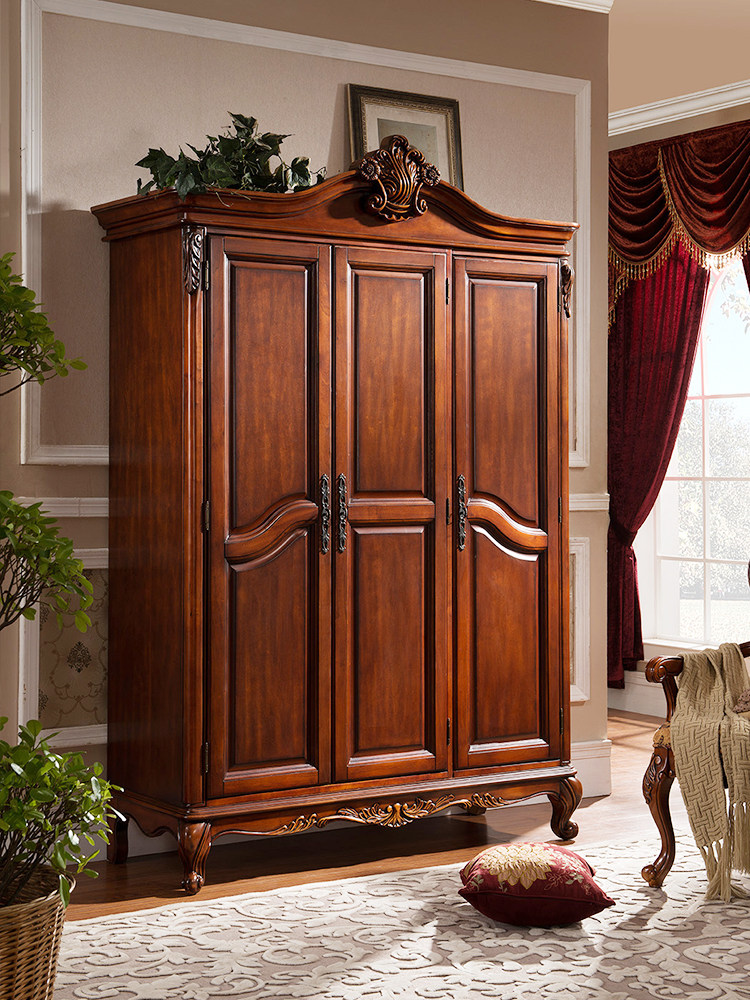 American solid wood wardrobe three doors large closet pair door open European-style retro carved double door bedroom storage cabinet assembly-Taobao