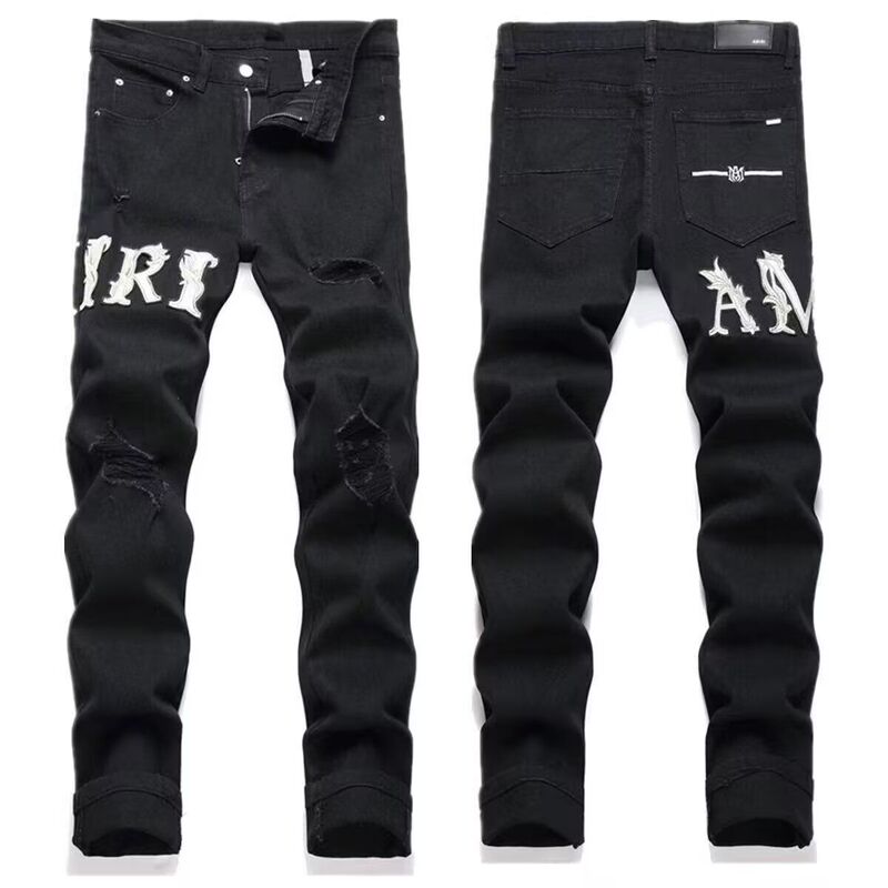 High Street Trendy Brand New Embroidered Jeans for Men, Black Ripped Patchwork Stretch Slim Fit Skinny Pants Long Trousers High Street Trendy Brand New Embroidered Jeans for Men, Black Ripped Patchwork Stretch Slim Fit Skinny Pants Long Trousers