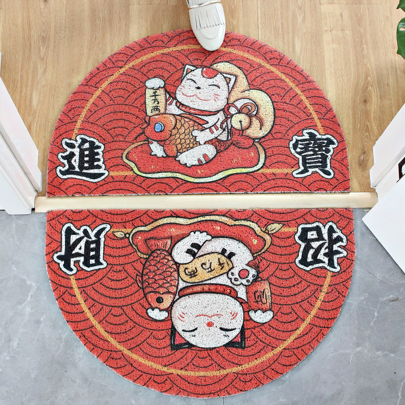 Lucky cat semi-circular silk circle mat home door porch foot mat