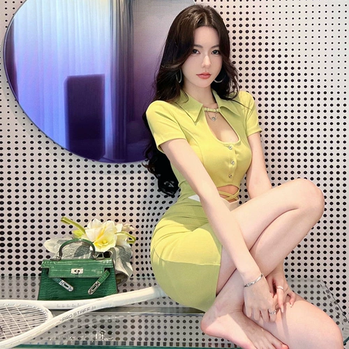 Летнее платье, сексуальная юбка, воротник поло, подходит для подростков, с акцентом на бедрах