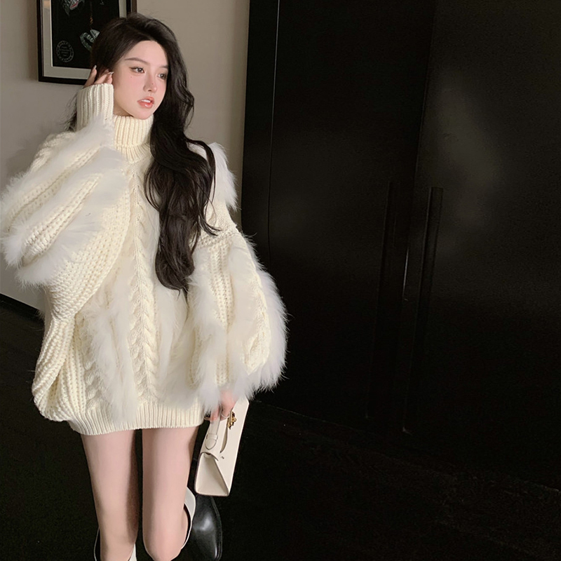 Mid-Length Fur Spliced Turtleneck Sweater for Women in Autumn and Winter, with a Unique and Chic Design, Loose and Lazy Style Knitwear