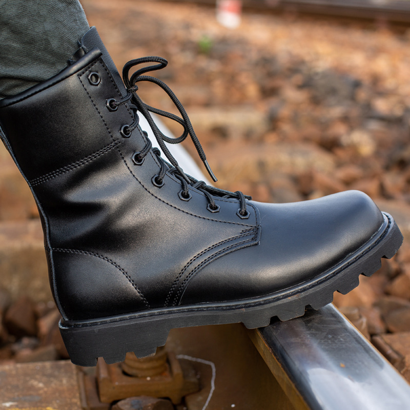 Genuine leather spring and autumn combat training boots desert boots locomotive Martin boots tactical boots high top steel toe zipper military boots men