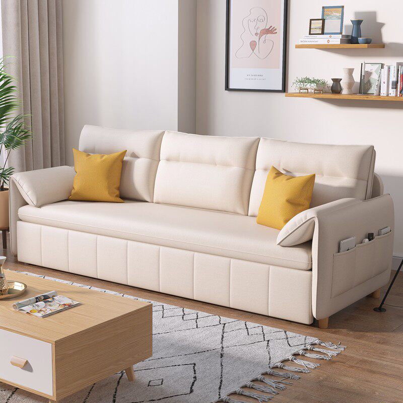 Simple modern living room small apartment foldable retractable sponge sofa bed cotton linen waterproof technology cloth solid wood metal