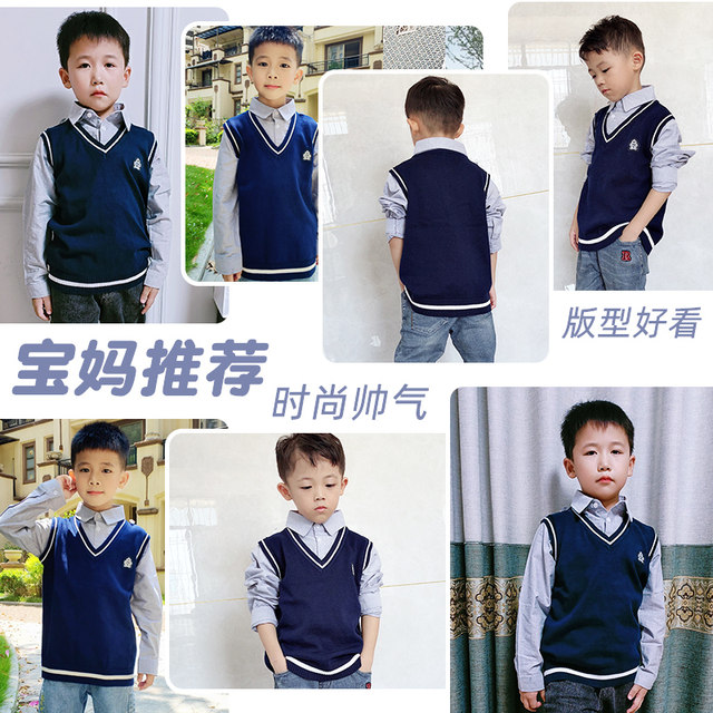 Children's sweater in the big boy's foreign style spring and autumn 2022 autumn and winter plus velvet shirt vest fake two-piece top boy spring clothes