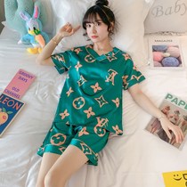 Pajamas female summer ice silk short sleeve students Korean cute thin plus size silk cartoon home clothes two-piece set