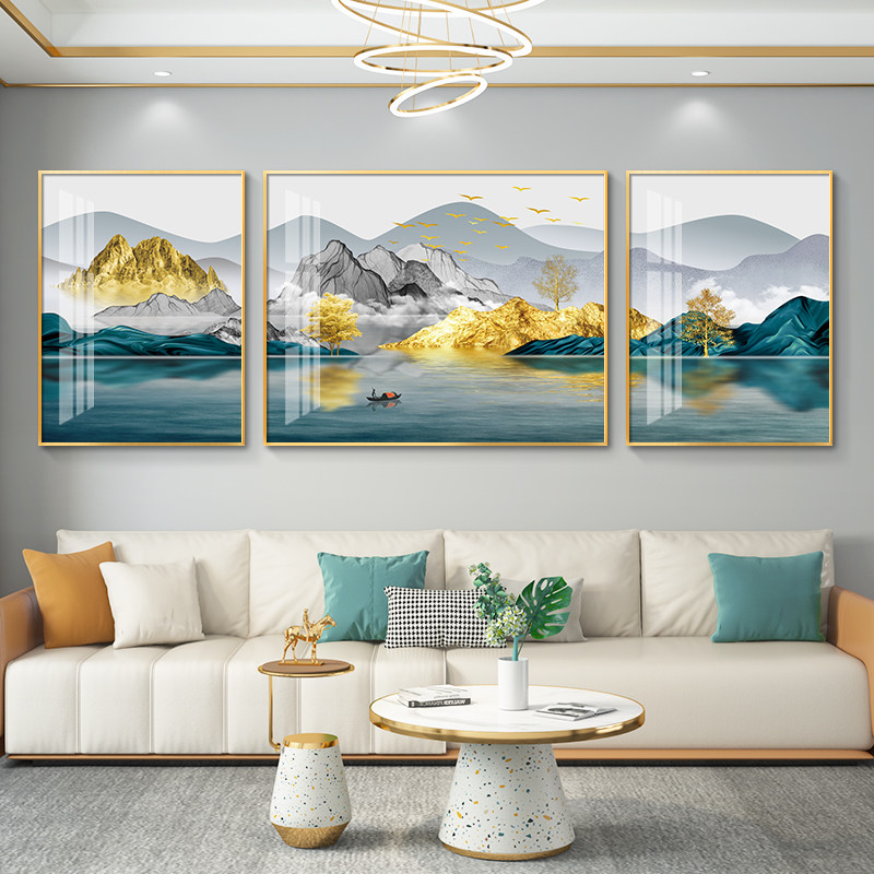 客厅装饰画轻奢沙发背景墙挂画简约现代山水画三联壁画墙画高级感-Taobao