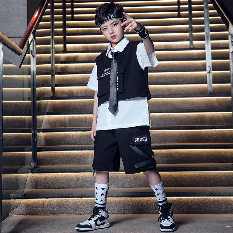 Street Dance Suit Boy Hiphop Children Short Sleeve Tooling Act Out of Walking Show Hip Hop Performance Clothes Rack Subdrum Tide Suits