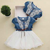 Princess Girls Baby Kids Lace Belt Denim Tulle Stitching Dre