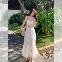 Lazy zoe Midsummer Goose Lake Ramie Embroidered Skirt Solid Color Lace Jacquard Suspender Holiday Dress