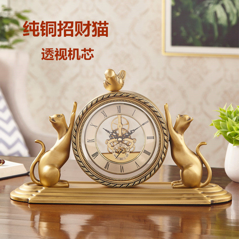 Table clock Pure copper large quartz clock Wall clock Living room creative European watch Vintage American decorative hanging watch Mute