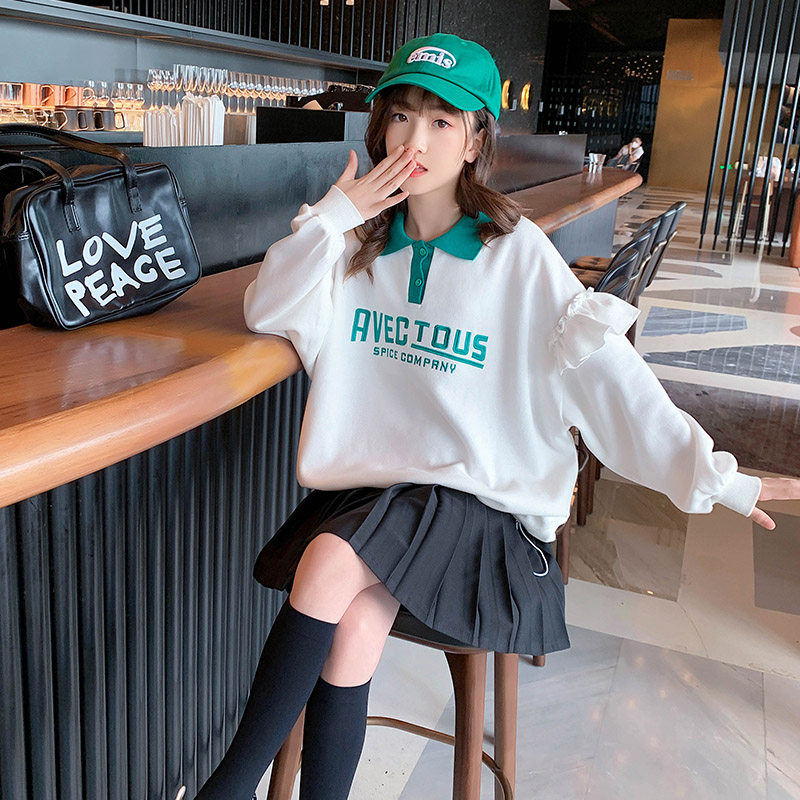 Girl's thick T-shirt new spring and autumn Korean version of the sea Turned Collar Children's Spring Blouses Loose White Big Boy Trendy Fried Street