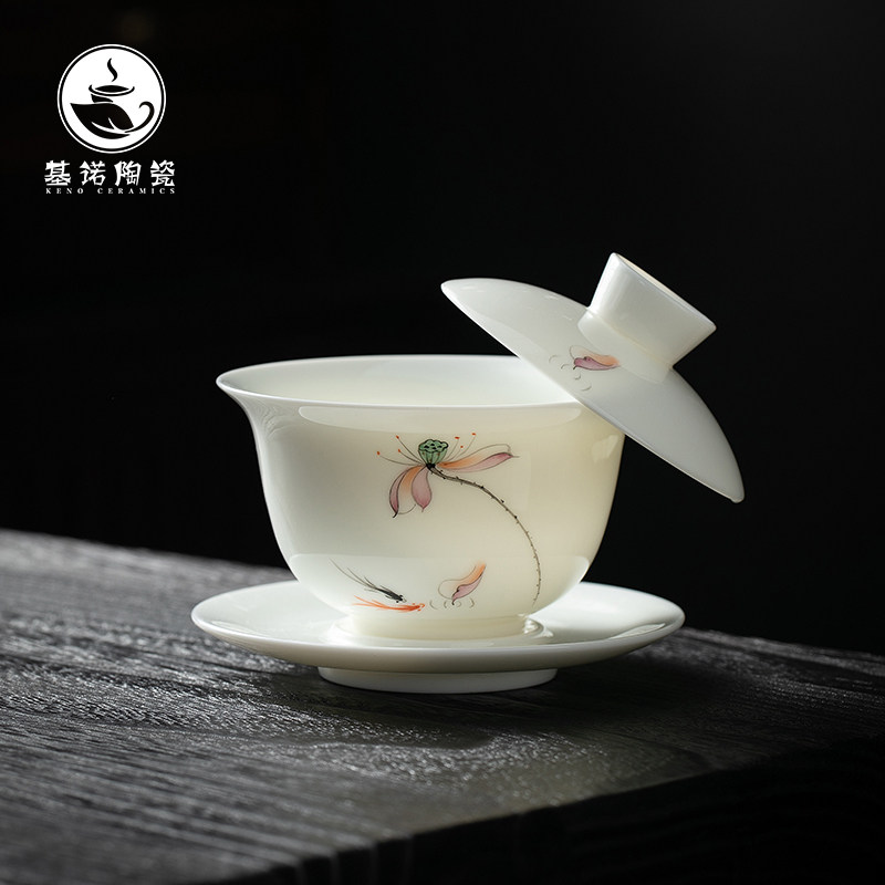 Shea Butter Jade White Porcelain Pure Hand-painted Lid Bowl Tea Cup Single Ceramic Anti-Burn Triple Foam Tea Bowl Home Kung Fu Bubble Tea Tea-Taobao