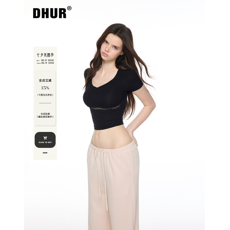 Dhur Original Design Pure Desire Style Black Lyocell V-Neck Hollow Mesh Splicing Pleated Short Slim-Fit T-Shirt