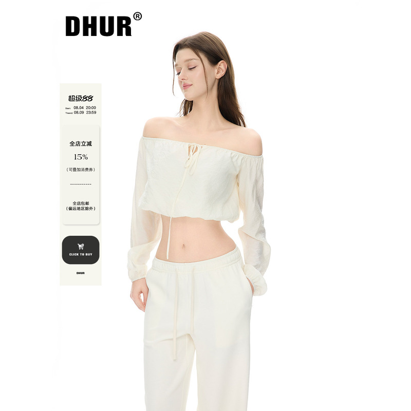Dhur Original Apricot-Colored Off-Shoulder Textured Fabric Drawstring Tie Puff Long-Sleeve Light and Breezy Waist-Revealing Short Top Dhur Original Apricot-Colored Off-Shoulder Textured Fabric Drawstring Tie Puff Long-Sleeve Light and Breezy Waist-Revealing Short Top