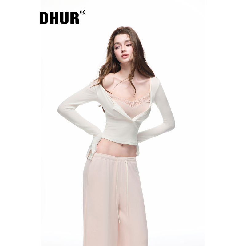 Dhur Wool-Blend Faux Two-Piece Lace Patchwork Long-Sleeve T-Shirt for Women, Slim-Fit, Flattering, Short Base Layer Top Dhur Wool-Blend Faux Two-Piece Lace Patchwork Long-Sleeve T-Shirt for Women, Slim-Fit, Flattering, Short Base Layer Top