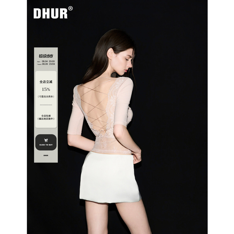 Dhur Original Pure Desire Style Lace Top Lyocell Backless Handmade Cross-Tie Slim Mid-Sleeve T-Shirt