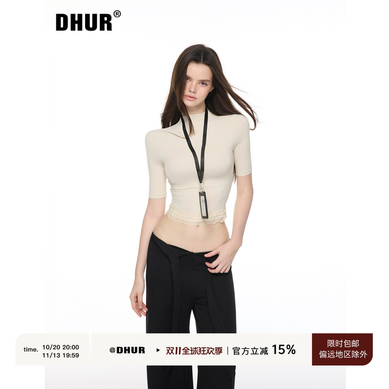 Dhur Original Design Light Khaki Half-High Collar Lace Hem Five-Quarter Sleeve Slim Short Pure Desire Base Shirt