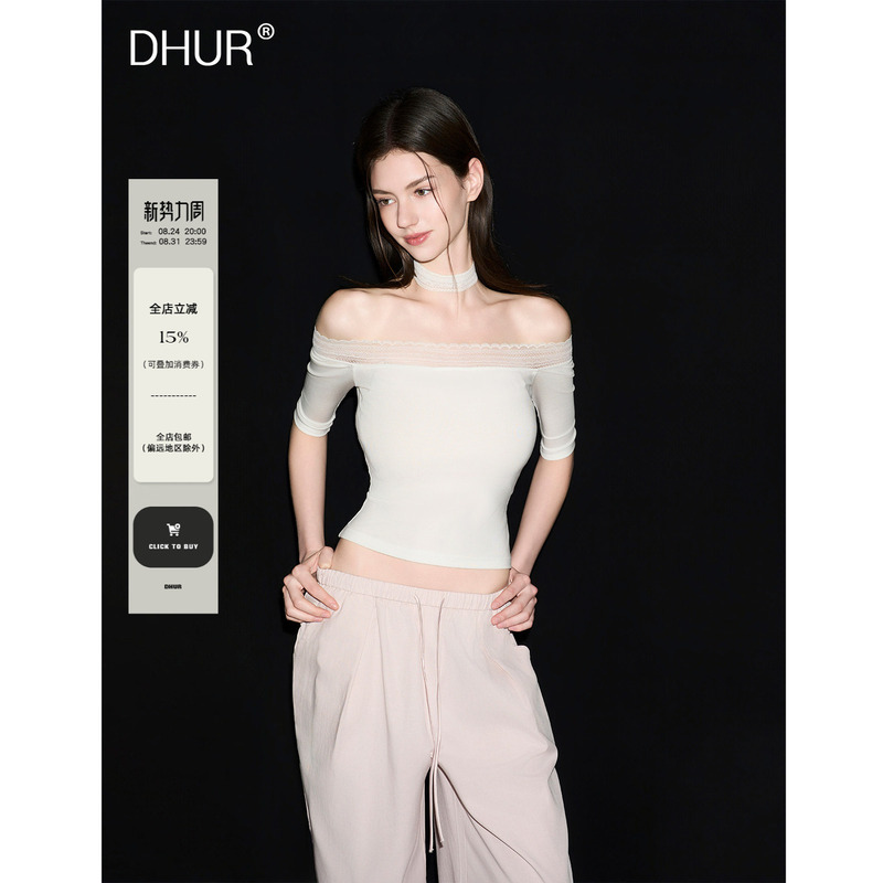 Dhur Lace Halter Neck Mid-Sleeve Top for Women, Summer Off-Shoulder Slim Fit Pure Desire Style T-Shirt Dhur Lace Halter Neck Mid-Sleeve Top for Women, Summer Off-Shoulder Slim Fit Pure Desire Style T-Shirt