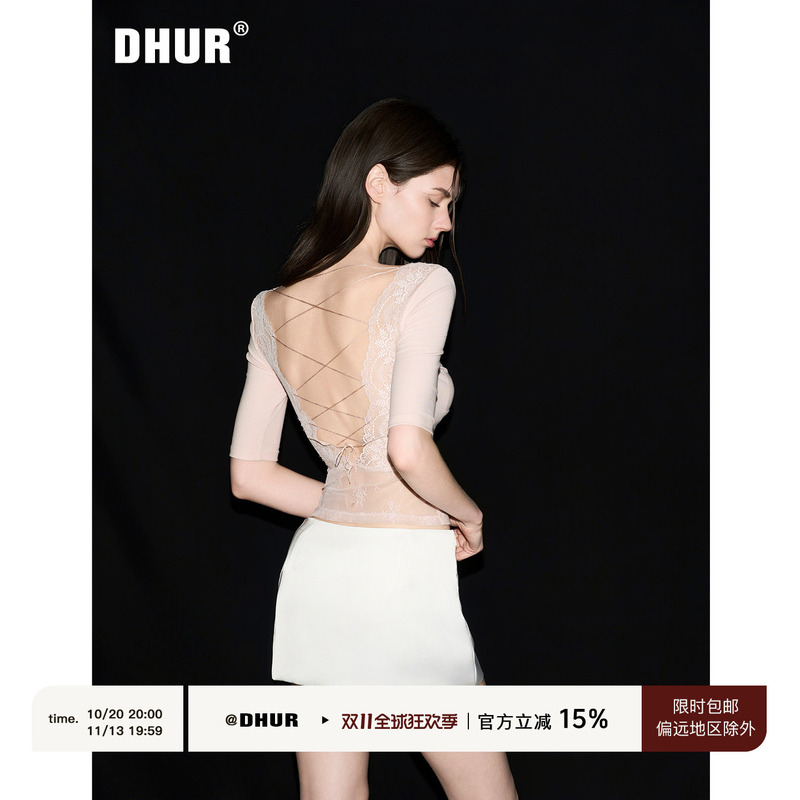 Dhur Original Pure Desire Style Lace Top Lyocell Backless Handmade Cross-Tie Slim Mid-Sleeve T-Shirt