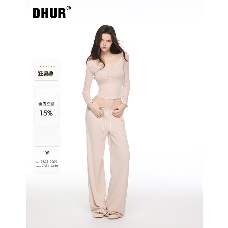 Dhur Light Pink Modal Casual Pants Elastic Waist Drawstring Drape Loose Floor-Length Wide-Leg High-Waisted Trousers