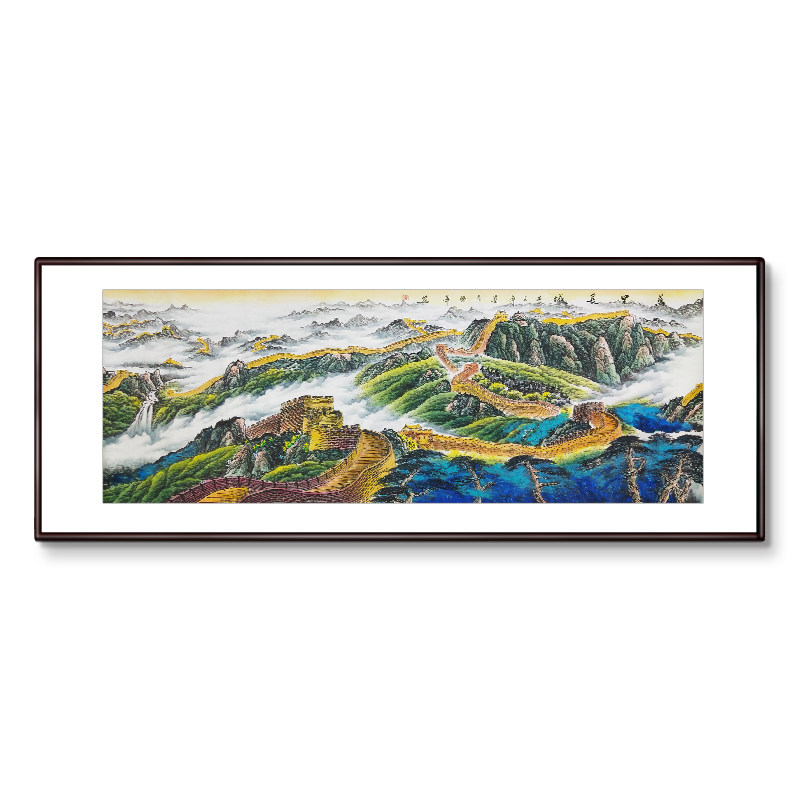 手绘万里长城山水画金色靠山图：办公室客厅挂画必备，招财纳福的艺术品！🎨-国画-淘宝百科网