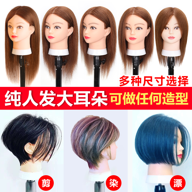 Full real hair apprentice dummy head new big ear cut hair perm dye blow salon special model head real hair can be perm dyed