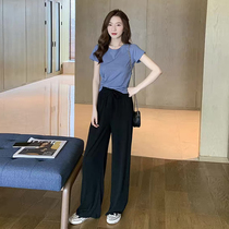 SANDRO VENETA Korean version of the new short sleeve T-shirt with high waist and wide leg pants suit womens summer foreign air casual two sets