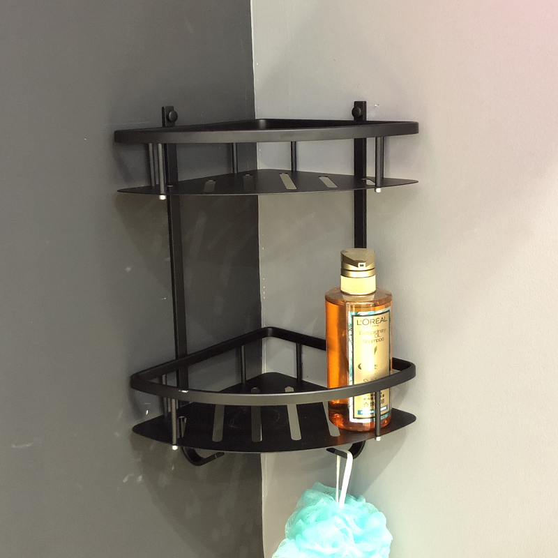 Makeup Room Shampoo body lotion Bathroom Set Bathroom corner rack flushing cool shower room wall-mounted triangular double layer net basket Black