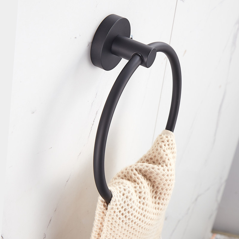 Full copper toilet round towel ring bathroom black hanging towel ring wipe hand towel rack bath towel rack Nordic free punching