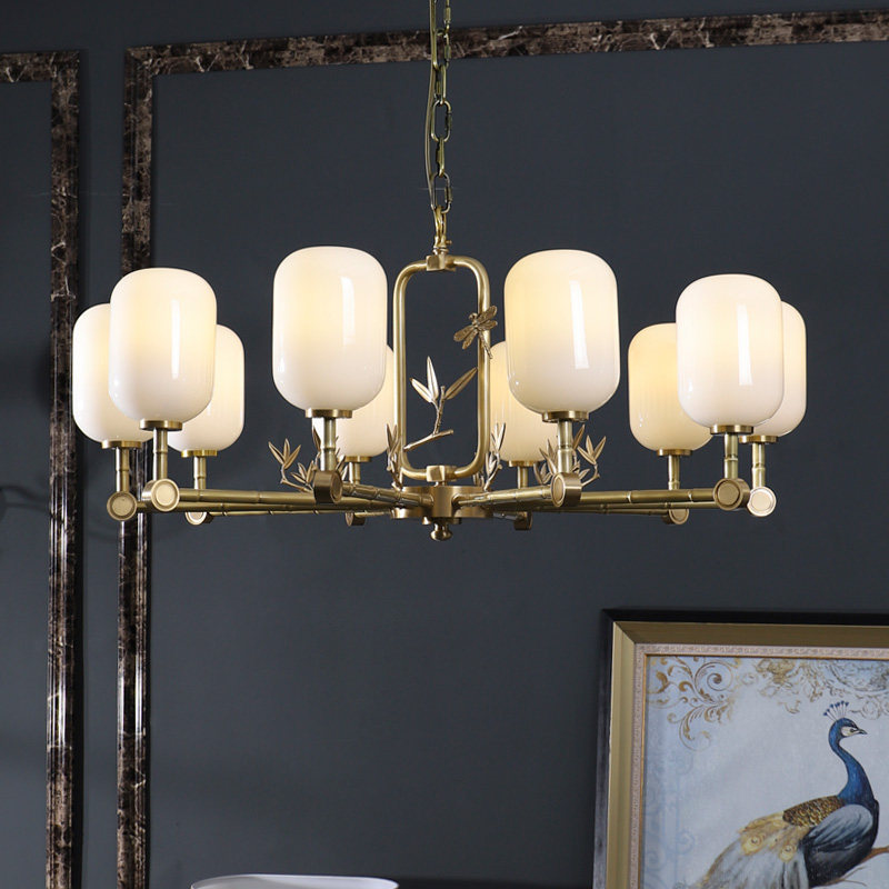 New Chinese all copper chandelier living room modern simple dining room bamboo leaf Zen tea room dragonfly bedroom Chinese style lamps