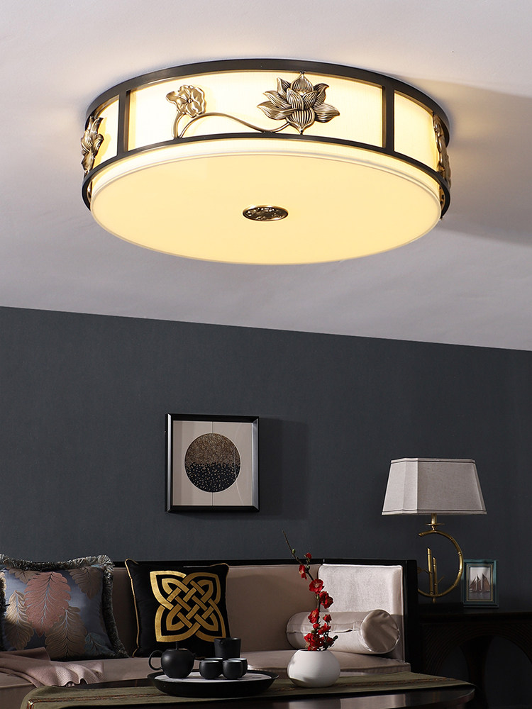 New Chinese style ceiling lamp All copper living room lamp Lotus round dining room LED classical Chinese style black bedroom lamp
