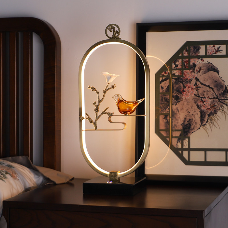 New Chinese Table Light Bed Headlights Bedroom Living Room Full Copper Romantic Cozy Nemesis Red Wedding Bird-in-Flowers Fragrant Zen