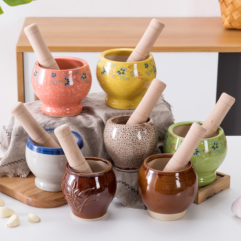 Ceramic garlic mortar garlic press stone mortar garlic paste garlic mud crushing and grinding household garlic mortar manually smash garlic jar