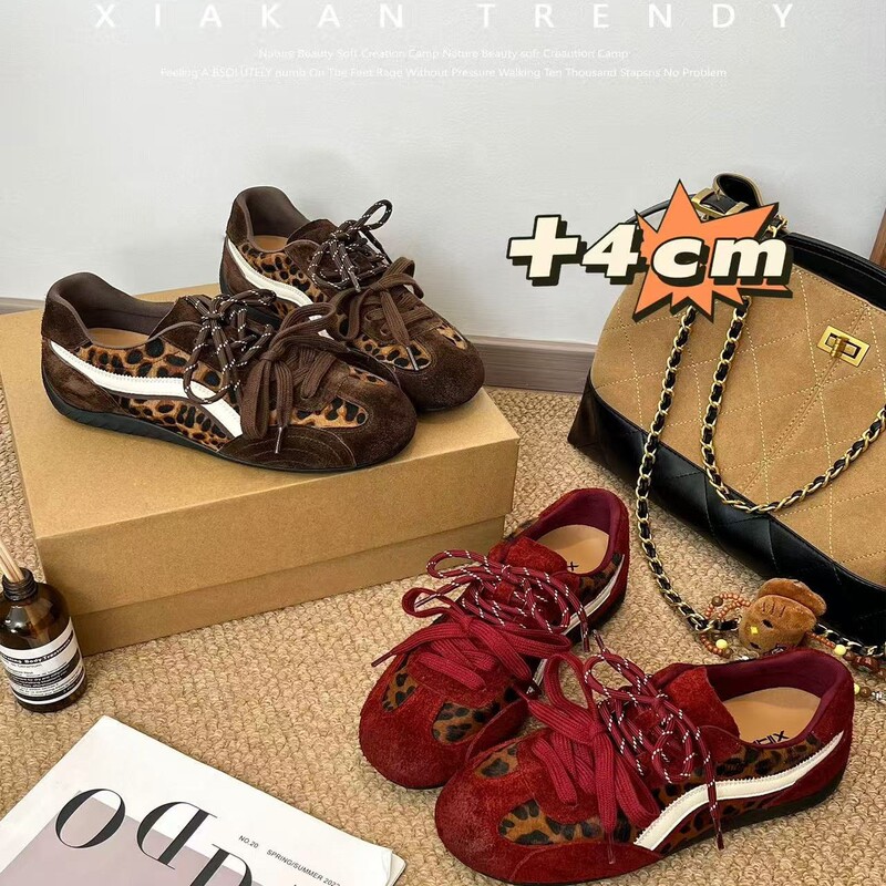 Self-Produced Version ~ 4cm Height-Increasing Leopard Print Versatile Retro German Training Shoes for Women, 2026 Autumn and Winter New Racing Shoes for Women